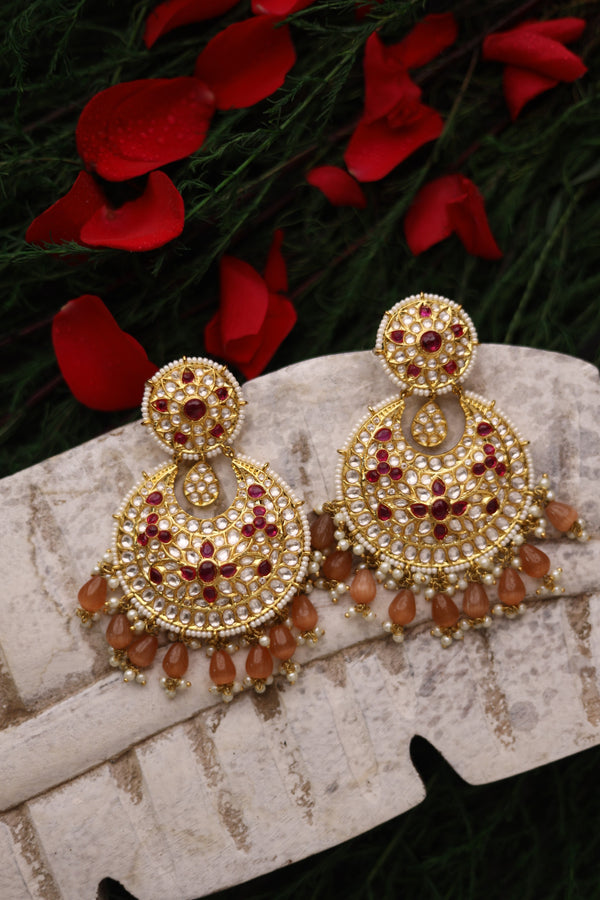 Peach and Ruby Kundan Chaandbali