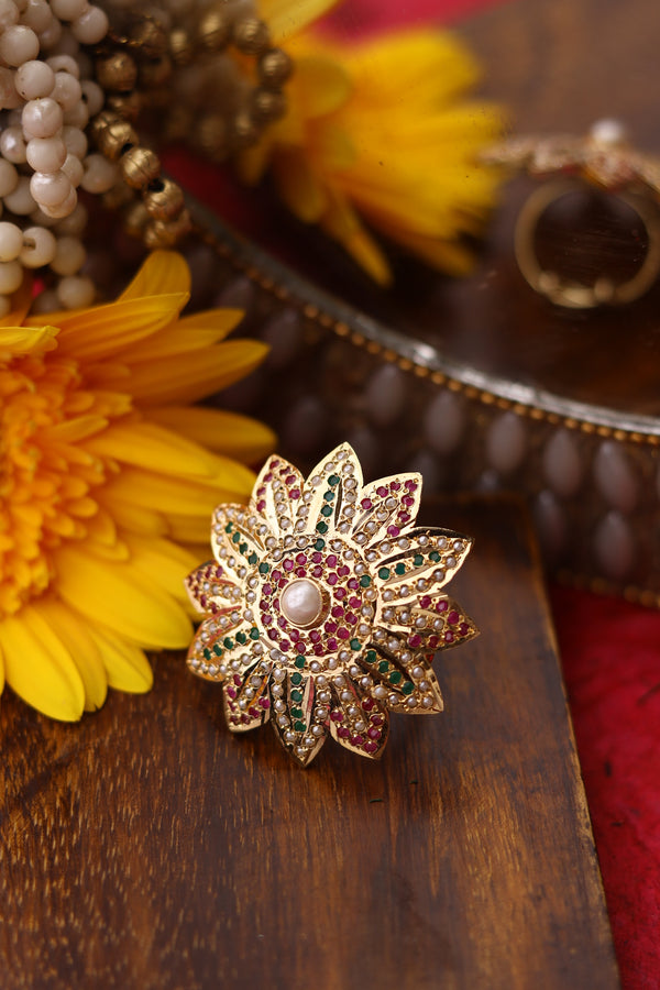 Multicolored Gold Plated Jadau Ring