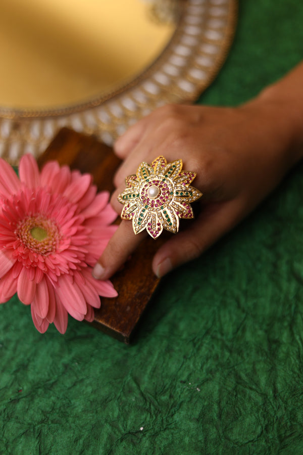 Multicolored Gold Plated Jadau Ring