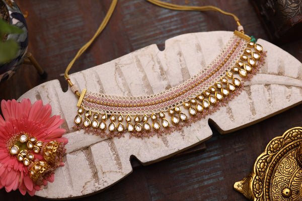 Baby Pink Gold Plated Kundan Necklace