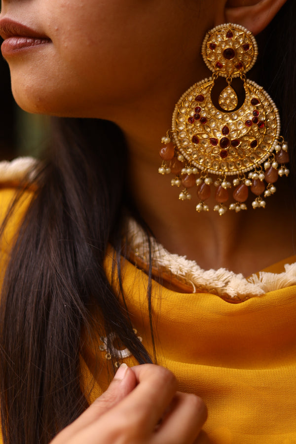 Peach and Ruby Kundan Chaandbali