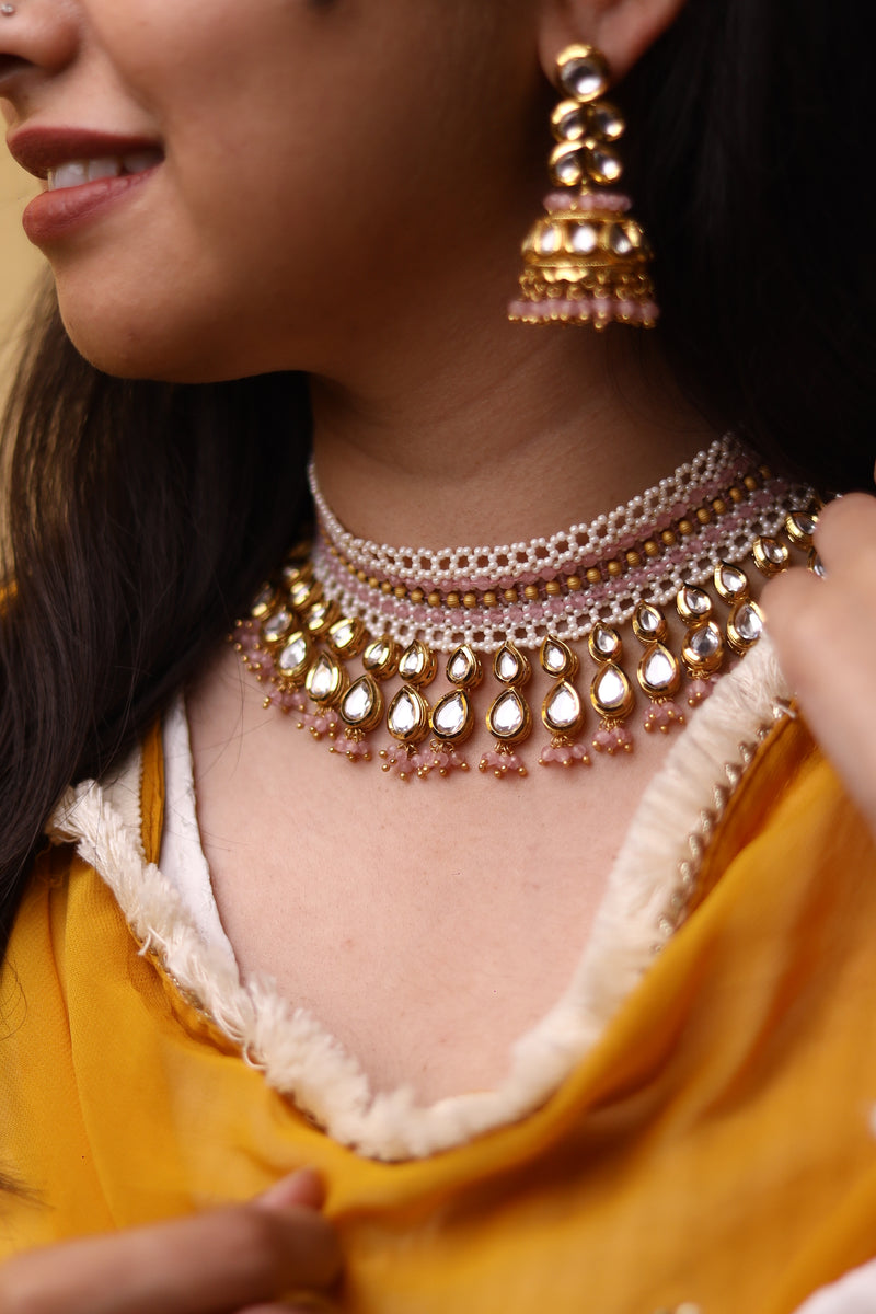 Baby Pink Gold Plated Kundan Necklace