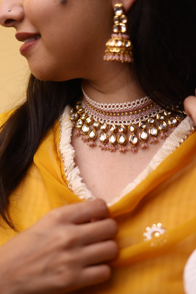 Baby Pink Gold Plated Kundan Necklace