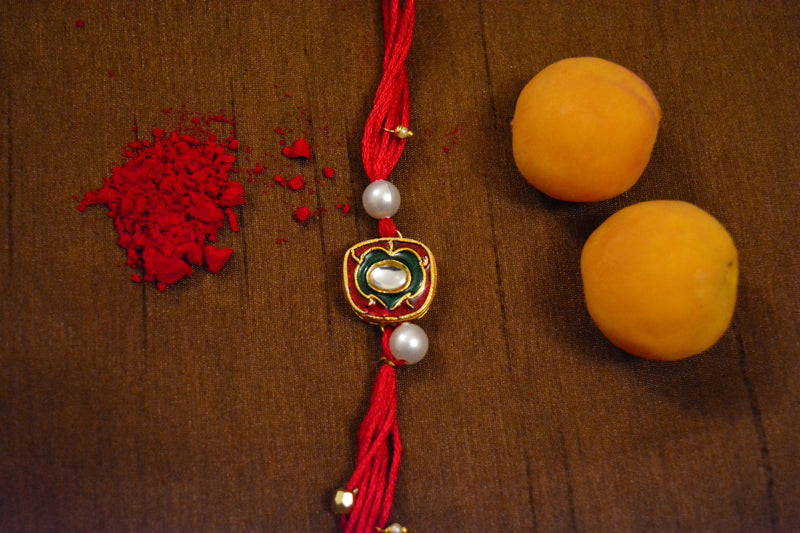 Red Gold Plated Kundan Rakhi