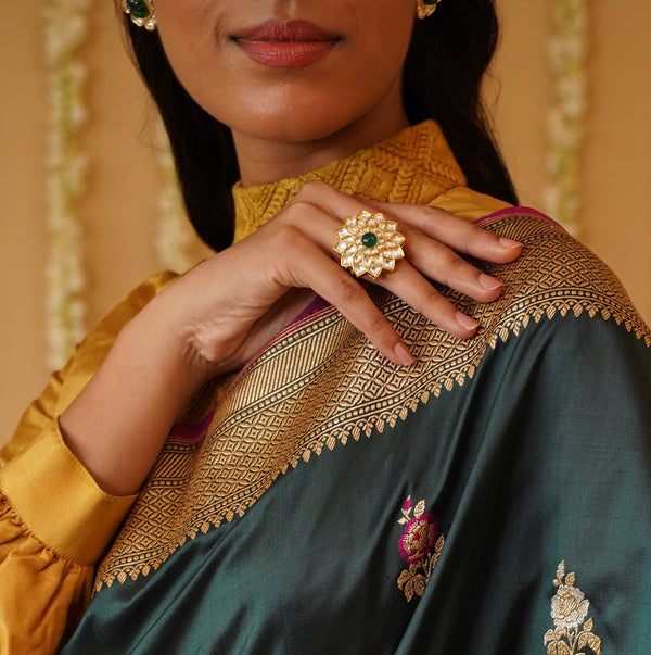 Gold Plated Kundan Ring (Green)