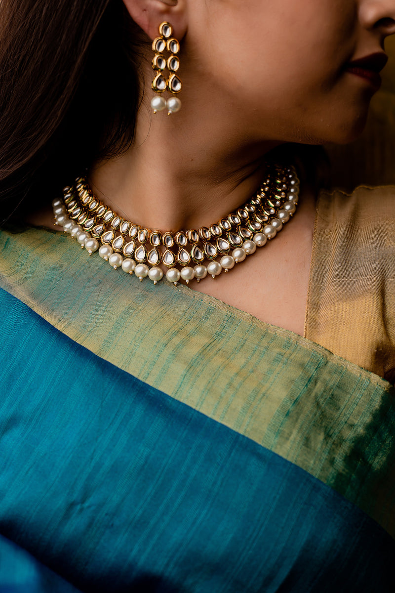 Gold Plated Kundan & Pearl Necklace Set
