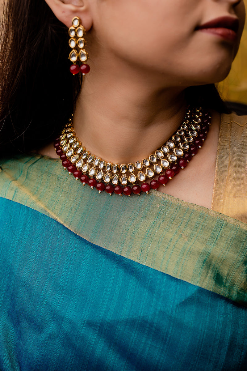 Gold Plated Kundan & Ruby Necklace Set