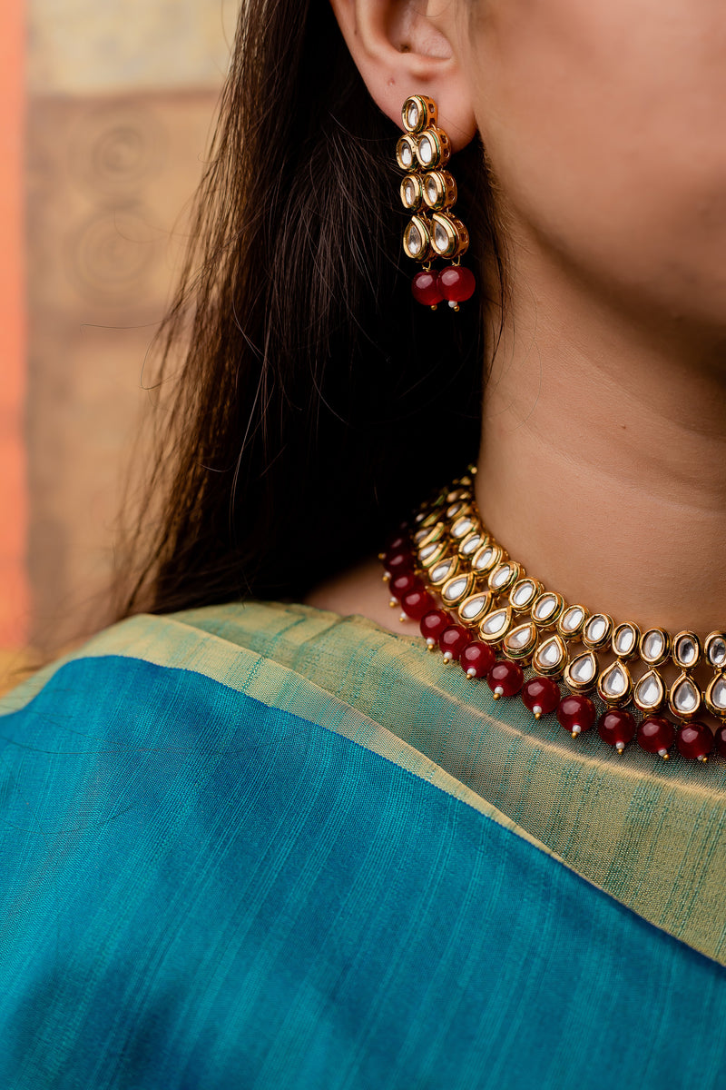 Gold Plated Kundan & Ruby Necklace Set